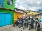 Riders with adventure bikes in Salamina on Coffee Region Colombia motorcycle tour.