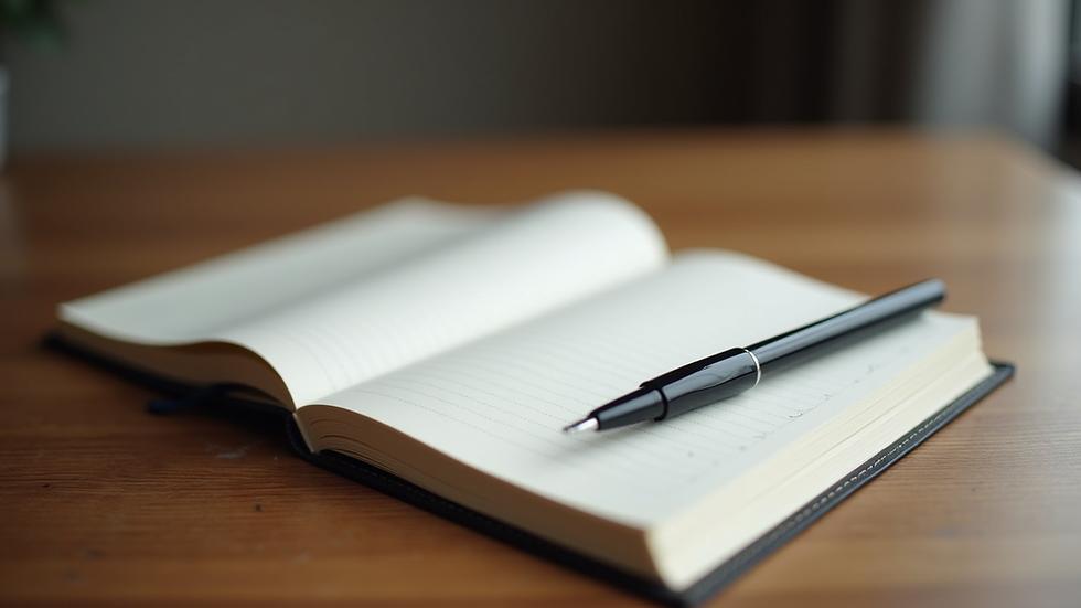 Close-up view of a journal and pen on a wooden table