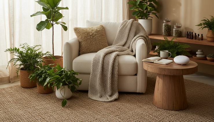 Wide-angle view of a cozy wellness space with a chair, plants, and soft sunlight.