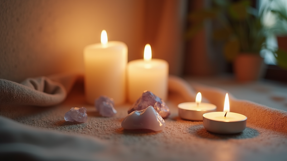 Eye-level view of a cozy meditation corner with candles and crystals