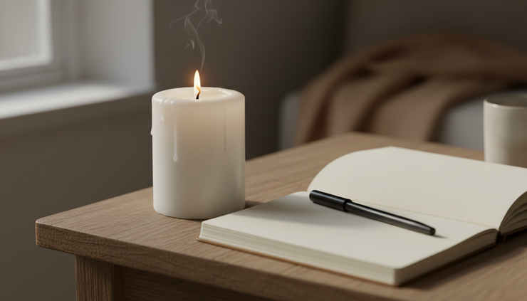 Close-up view of a white candle burning beside a blank notebook.