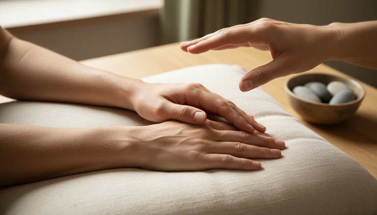 Close-up view of relaxed hands during a gentle muscle testing session.