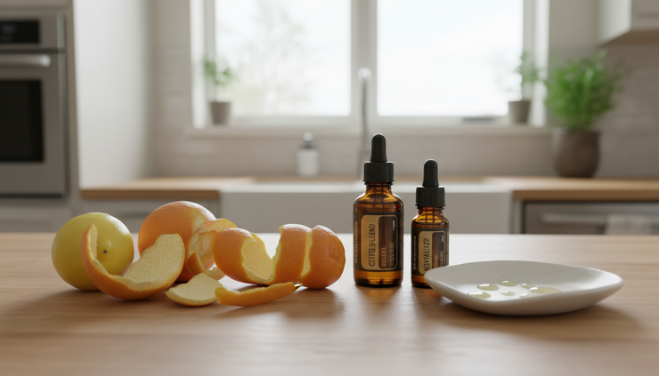 Close-up of citrus peels and essential oil drops on a white ceramic dish.