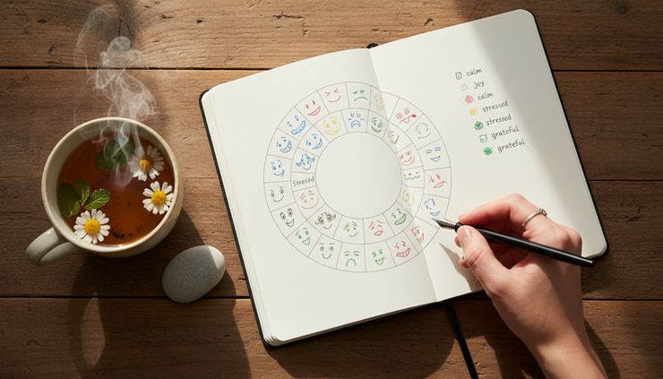 Overhead view of a journal, tea, and emotion chart on a wooden table.