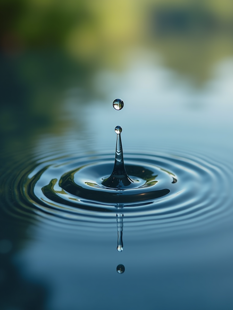 Crystal clear water droplet creating pure ripples for a sense of deep detoxification.
