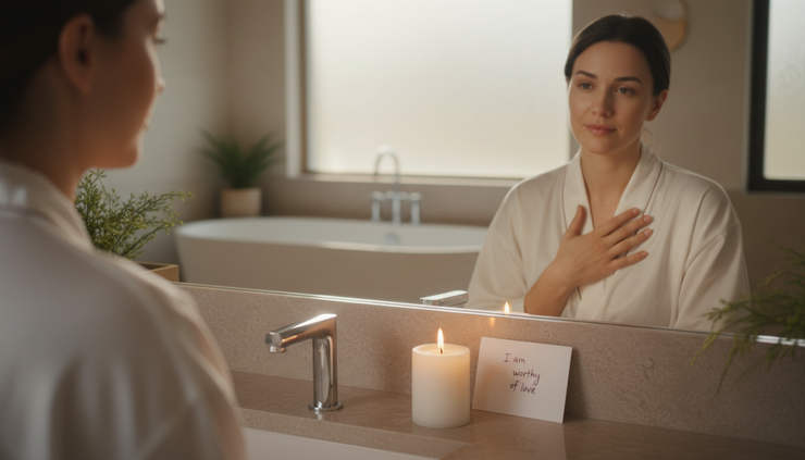 Close-up view of a person looking gently into a bathroom mirror.