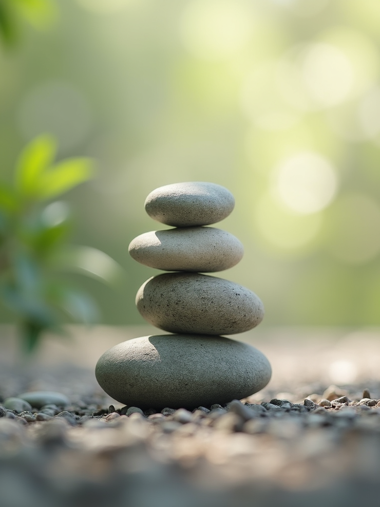 A stack of smooth stones balanced perfectly to represent cellular and skeletal alignment.