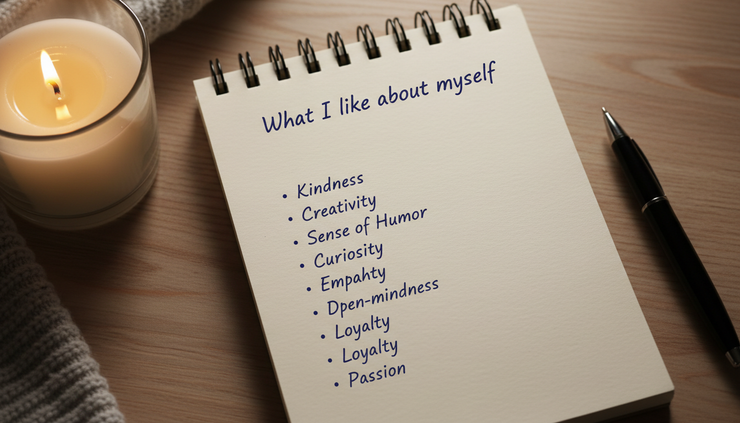 Overhead view of a handwritten self-love list in a notebook.
