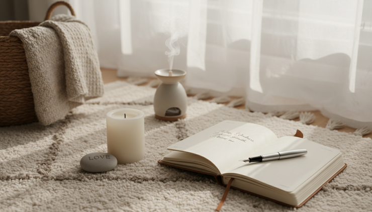 Eye-level view of a peaceful bedroom corner with a candle and journal on the floor.