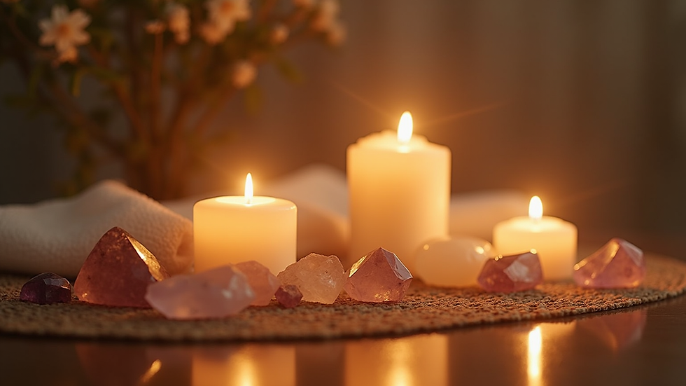 Eye-level view of a serene healing space with candles and crystals
