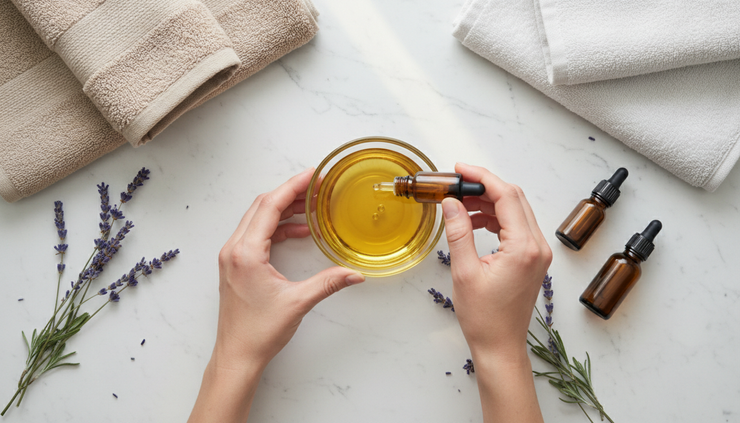 Overhead view of hands mixing essential oil into carrier oil in a small glass bowl.