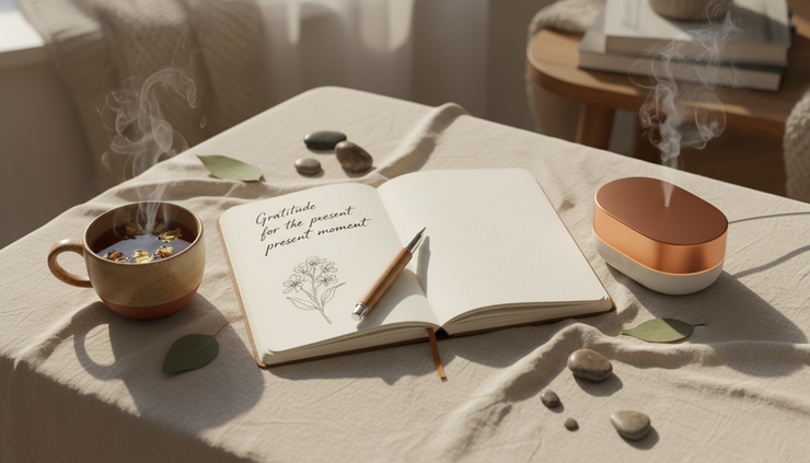 Overhead view of a journal, herbal tea, and a small wellness device on a linen cloth.