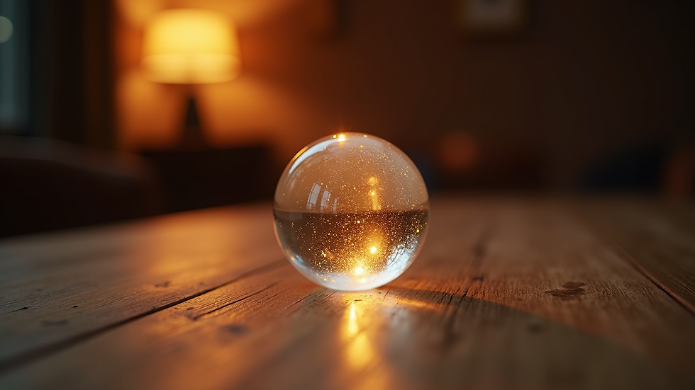 Close-up view of a glowing crystal ball on a wooden table