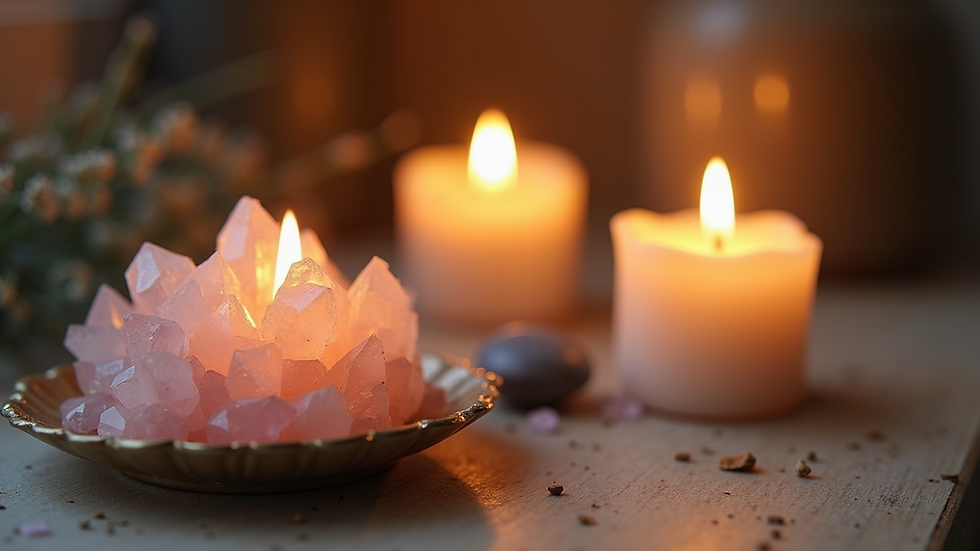 Close-up view of a crystal and candle setup for energy healing