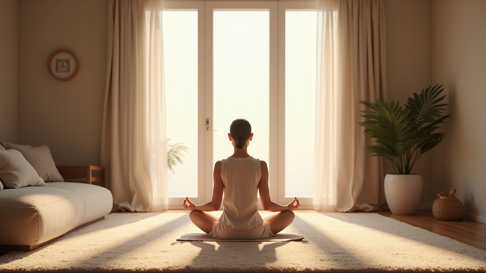 Eye-level view of a peaceful home meditation space with soft lighting
