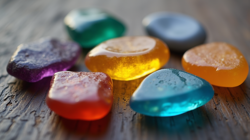 Close-up view of colorful chakra stones arranged in a circle