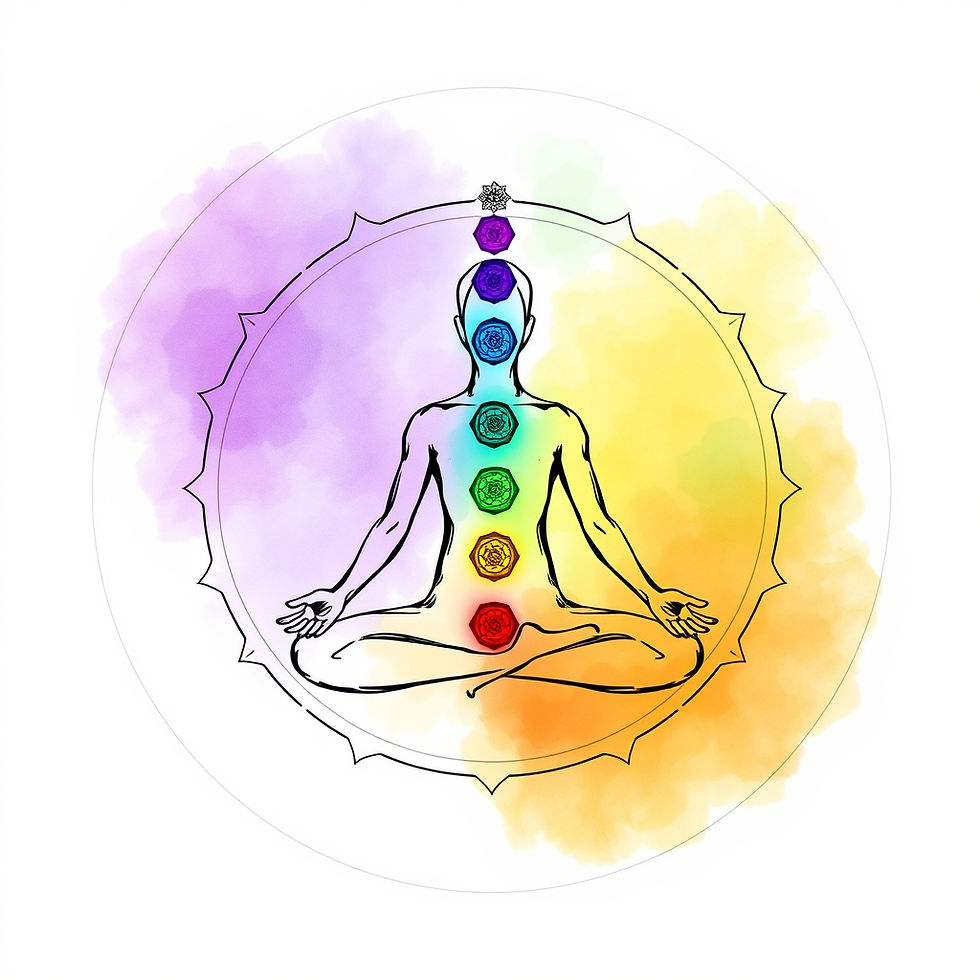 Eye-level view of colorful chakra stones arranged in a circle