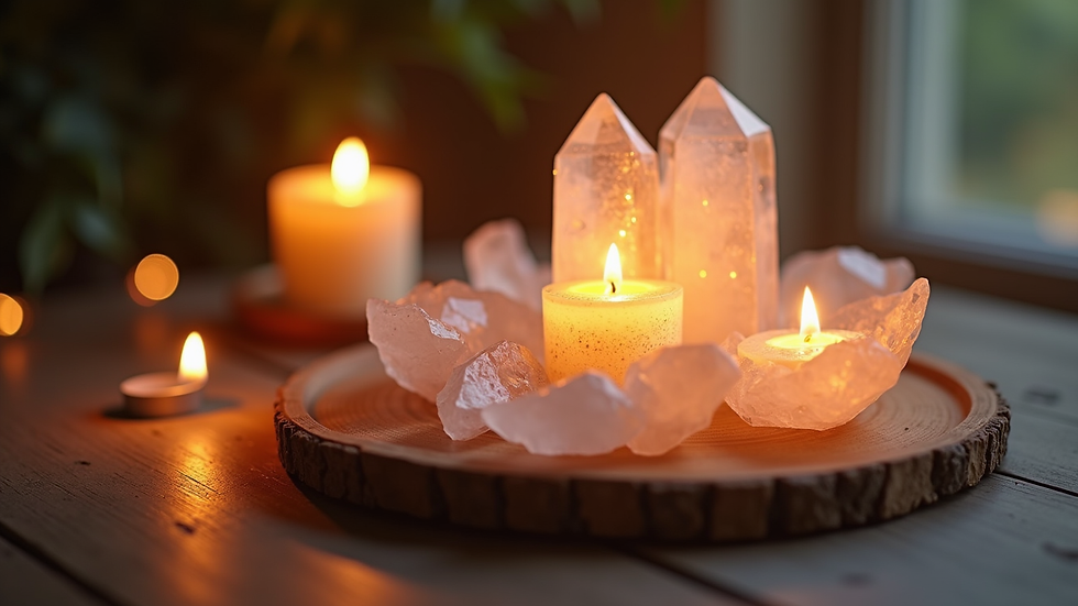 Close-up view of a glowing crystal and candle setup for energy healing