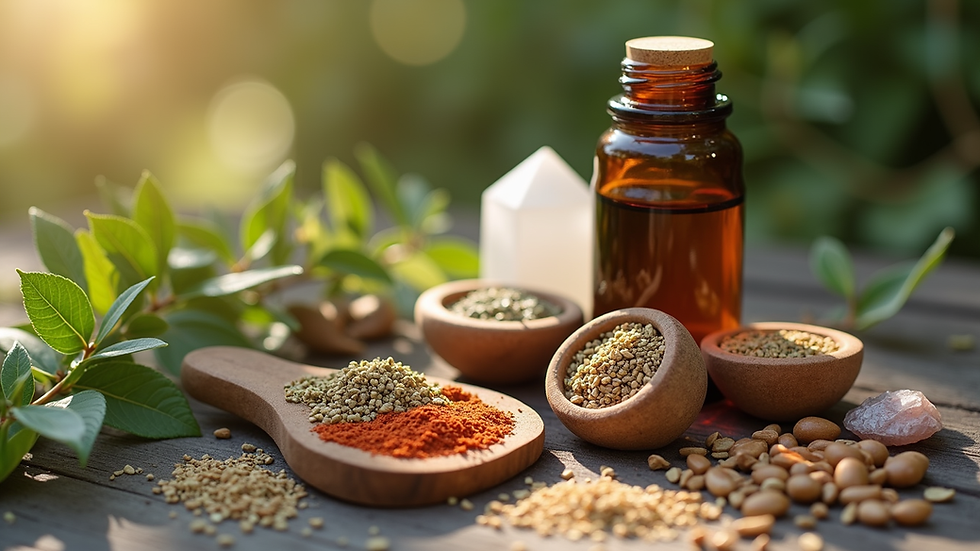 High angle view of natural health tools including herbs and crystals