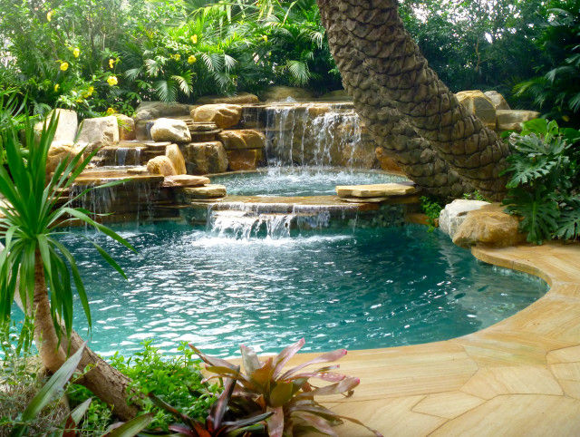 Small Miami yard with tropical landscaping and pool