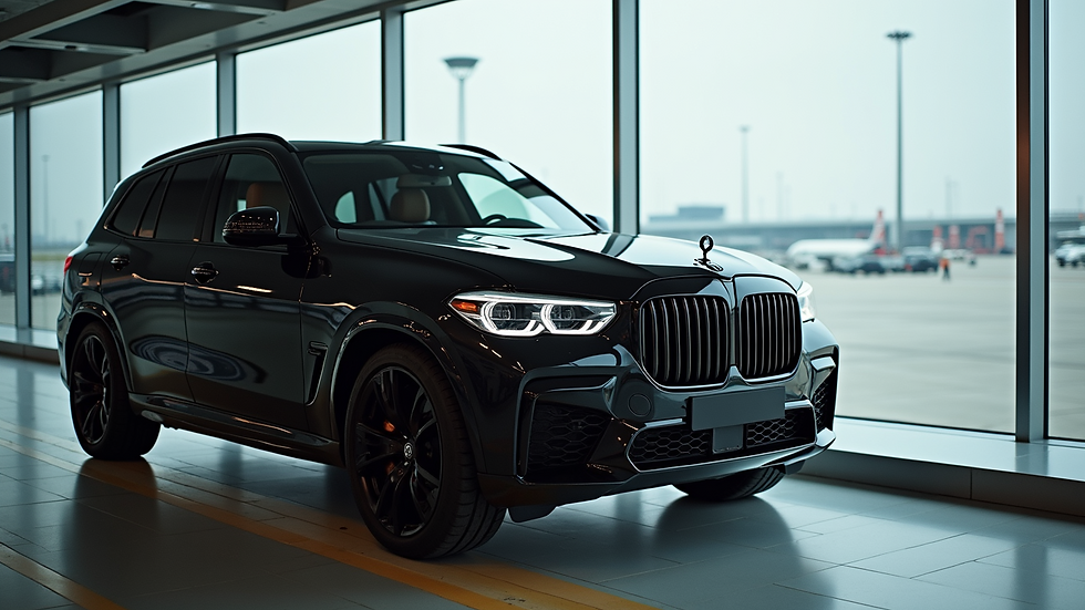 Wide angle view of a black luxury SUV parked at an airport curbside