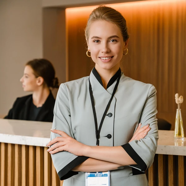 Professional Spa Manager at Reception Desk in Uniform
