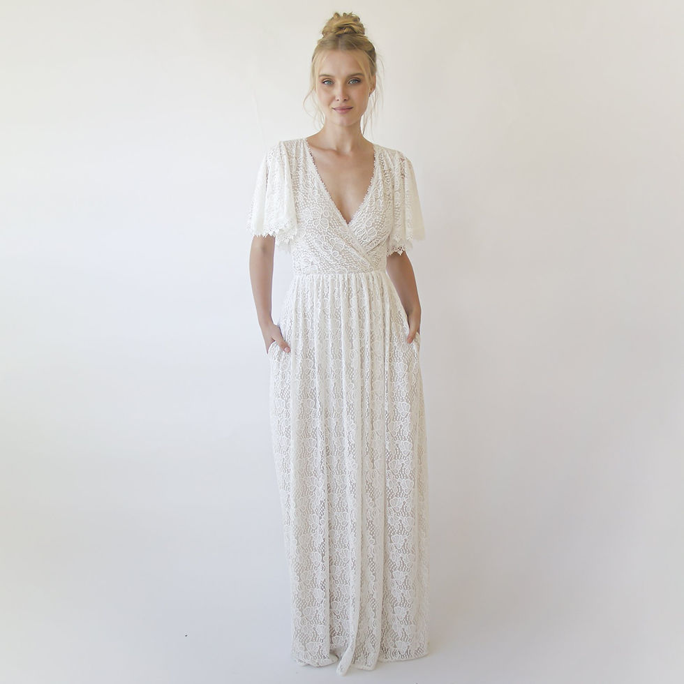 Thumbnail: Ivory Pearl Lace Bohemian Wedding Dress With Pockets #1345