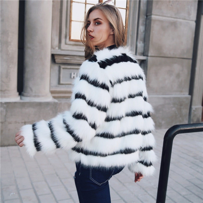 Thumbnail: Winter Black and White Striped Faux Fur Coat Fur Coats Women