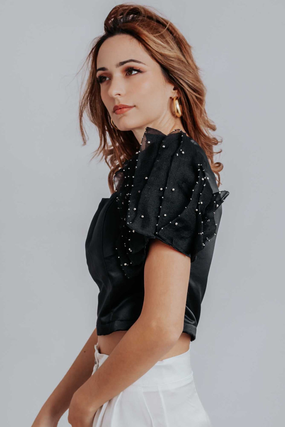 Thumbnail: Fiona Ruffle Puff Pleated Sleeves Top