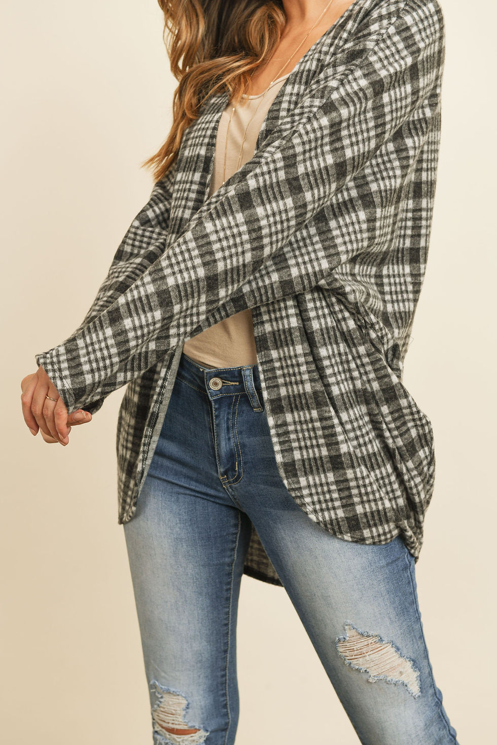 Thumbnail: Plaid Round Hem Pocket Open Cardigan