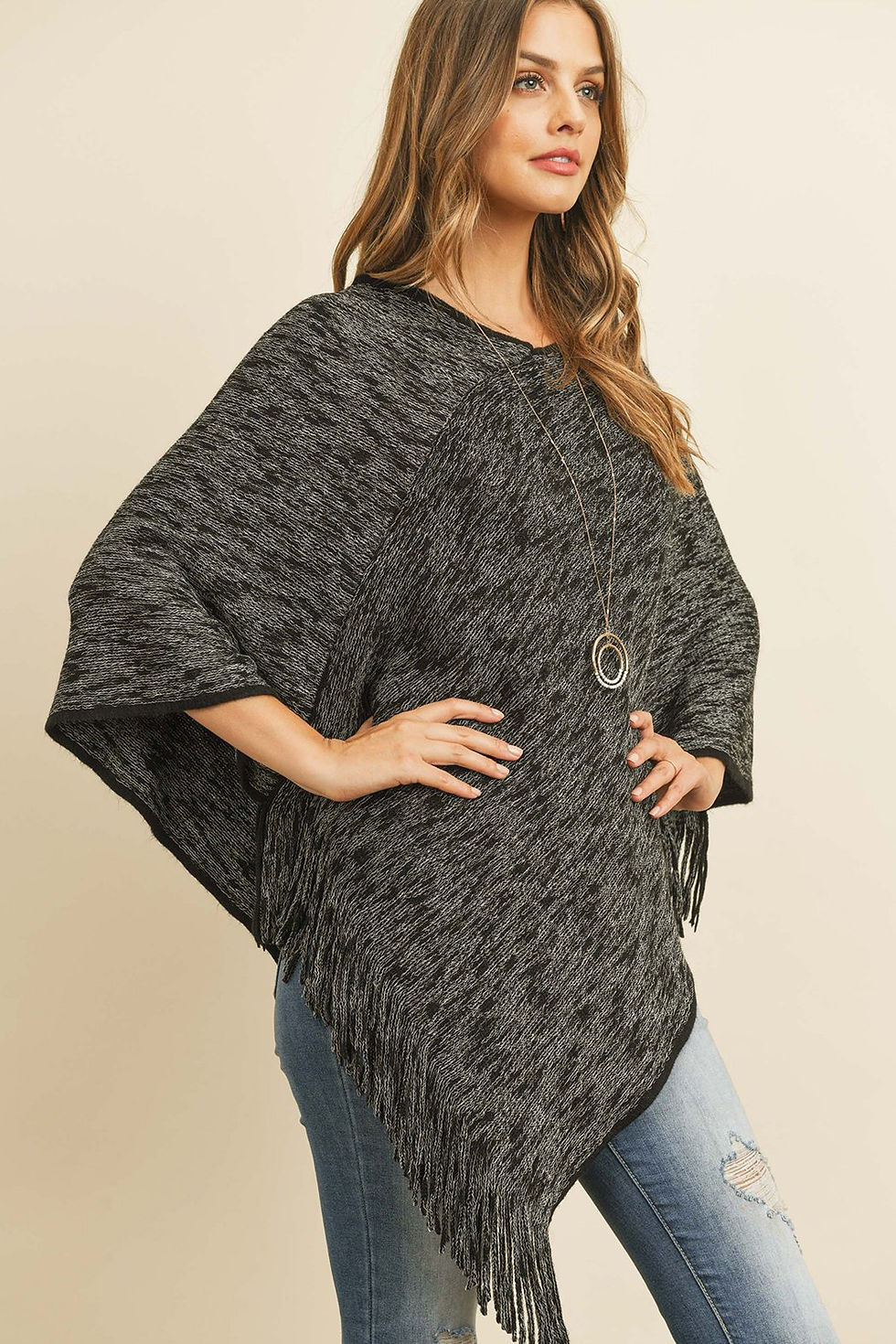 Thumbnail: Hdf3073bk - Black Two Tone Fringe Poncho