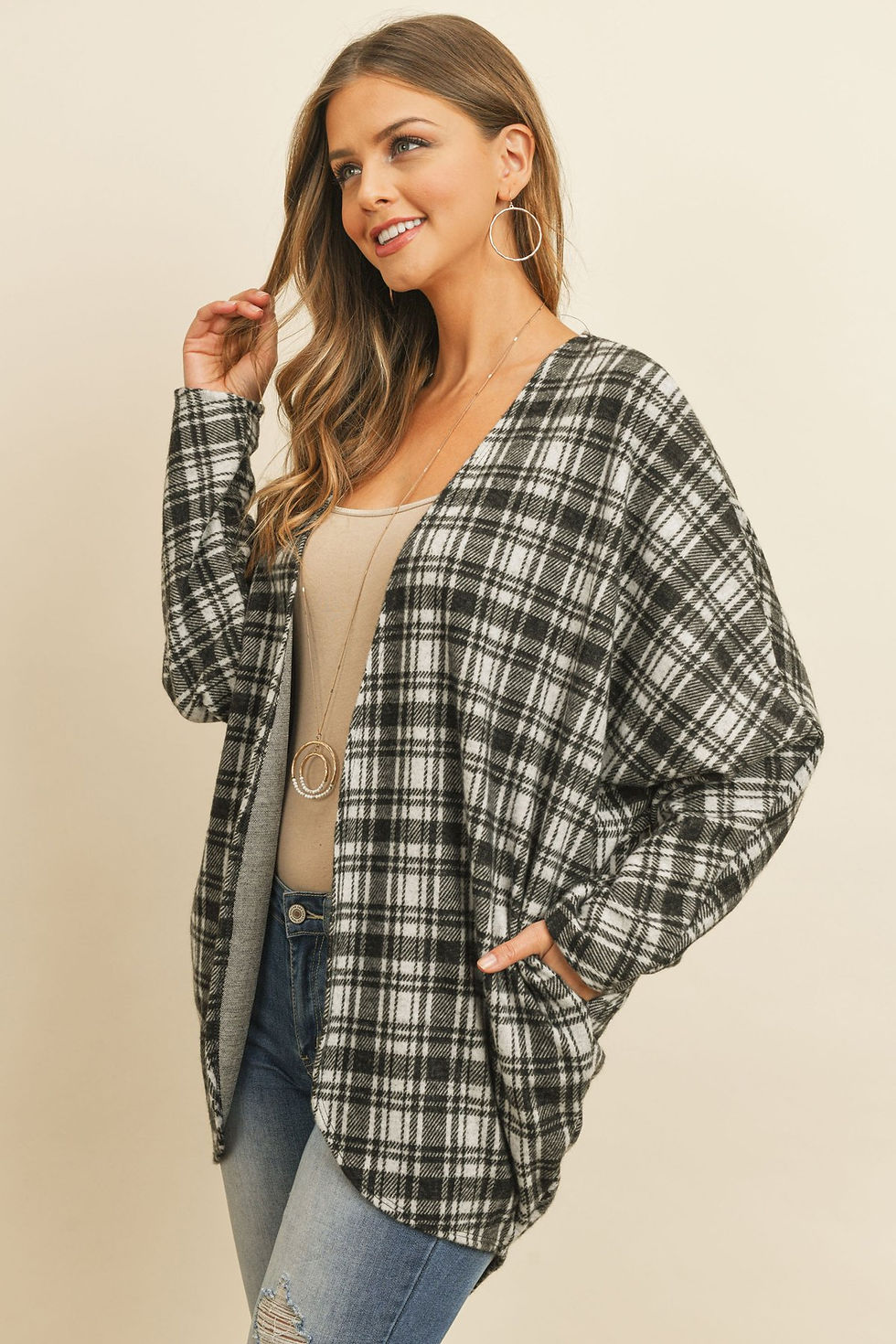 Thumbnail: Plaid Round Hem Pocket Open Cardigan