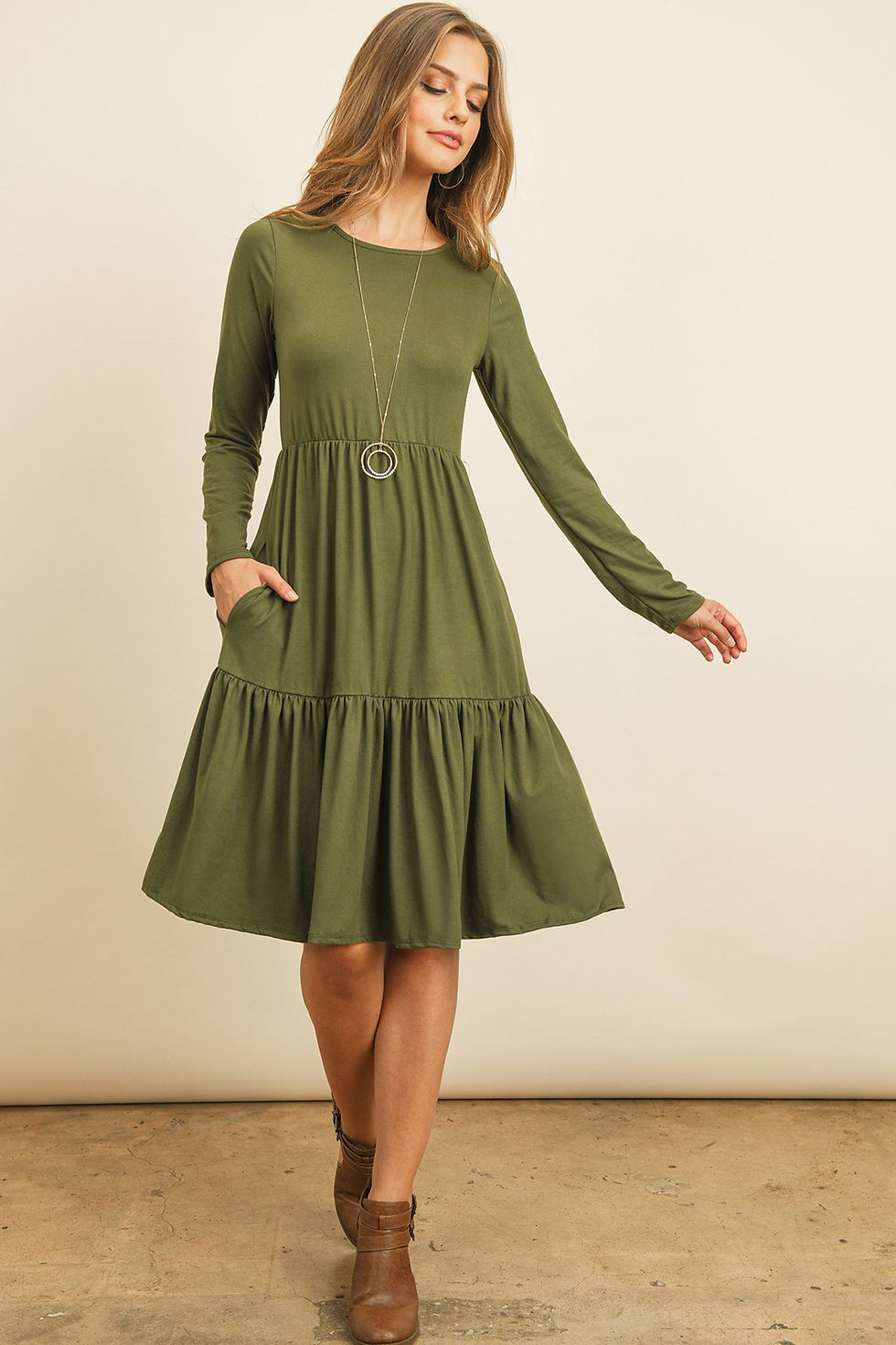 Thumbnail: Solid Long Sleeve Double Layered Ruffle Dress