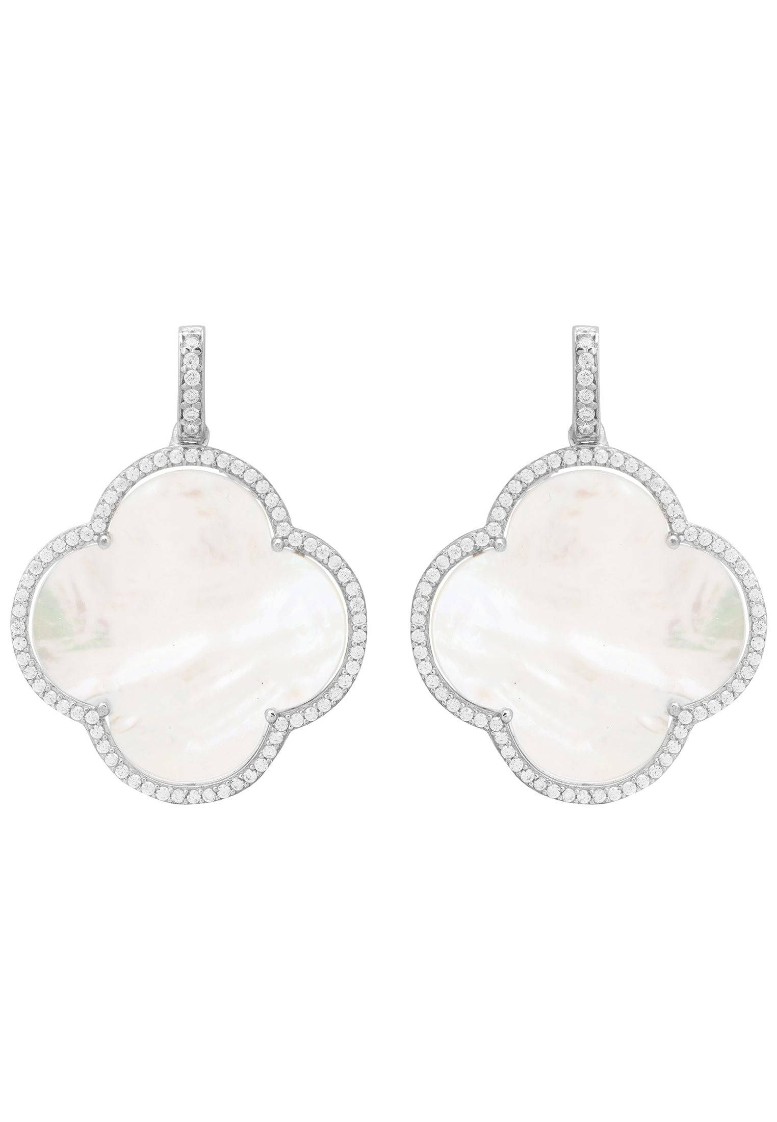 Open Clover Large Mother of Pearl Gemstone Earrings Silver