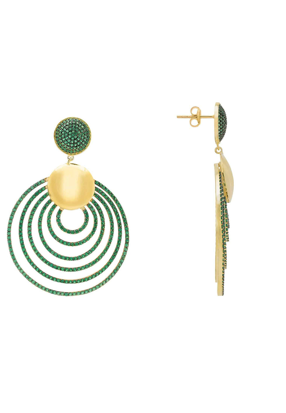 Thumbnail: Descending Circles Drop Earrings Gold Emerald