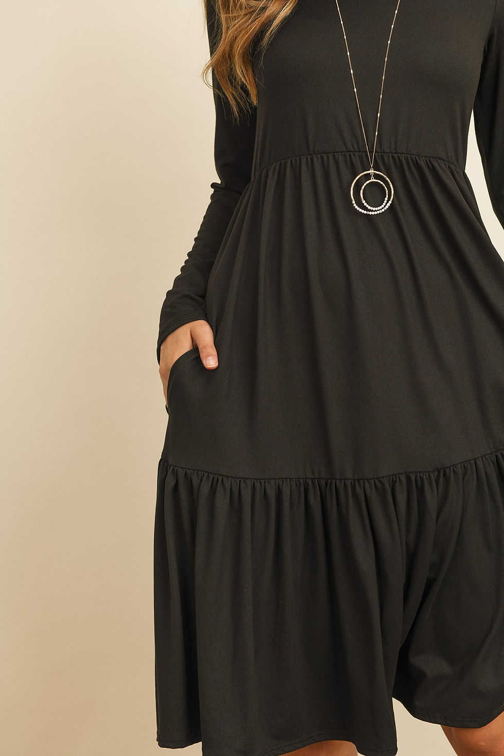 Thumbnail: Solid Long Sleeve Double Layered Ruffle Dress
