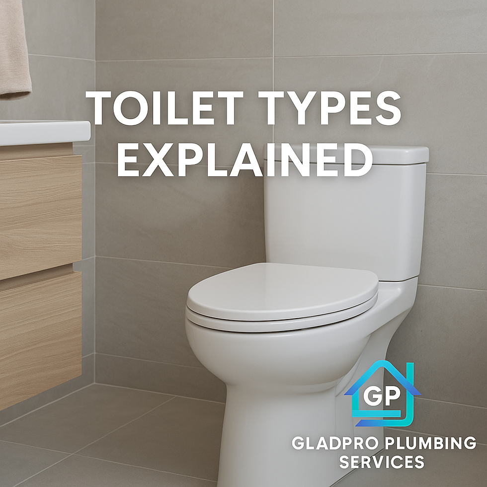 White toilet in a modern bathroom with gray tiles and wooden cabinet. Text: "Toilet Types Explained" and "GladPro Plumbing Services."