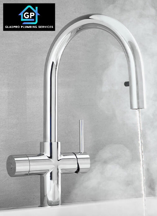 Shiny chrome faucet with running water and steam, set against a gray background. "Gladpro Plumbing Services" logo in the top left.