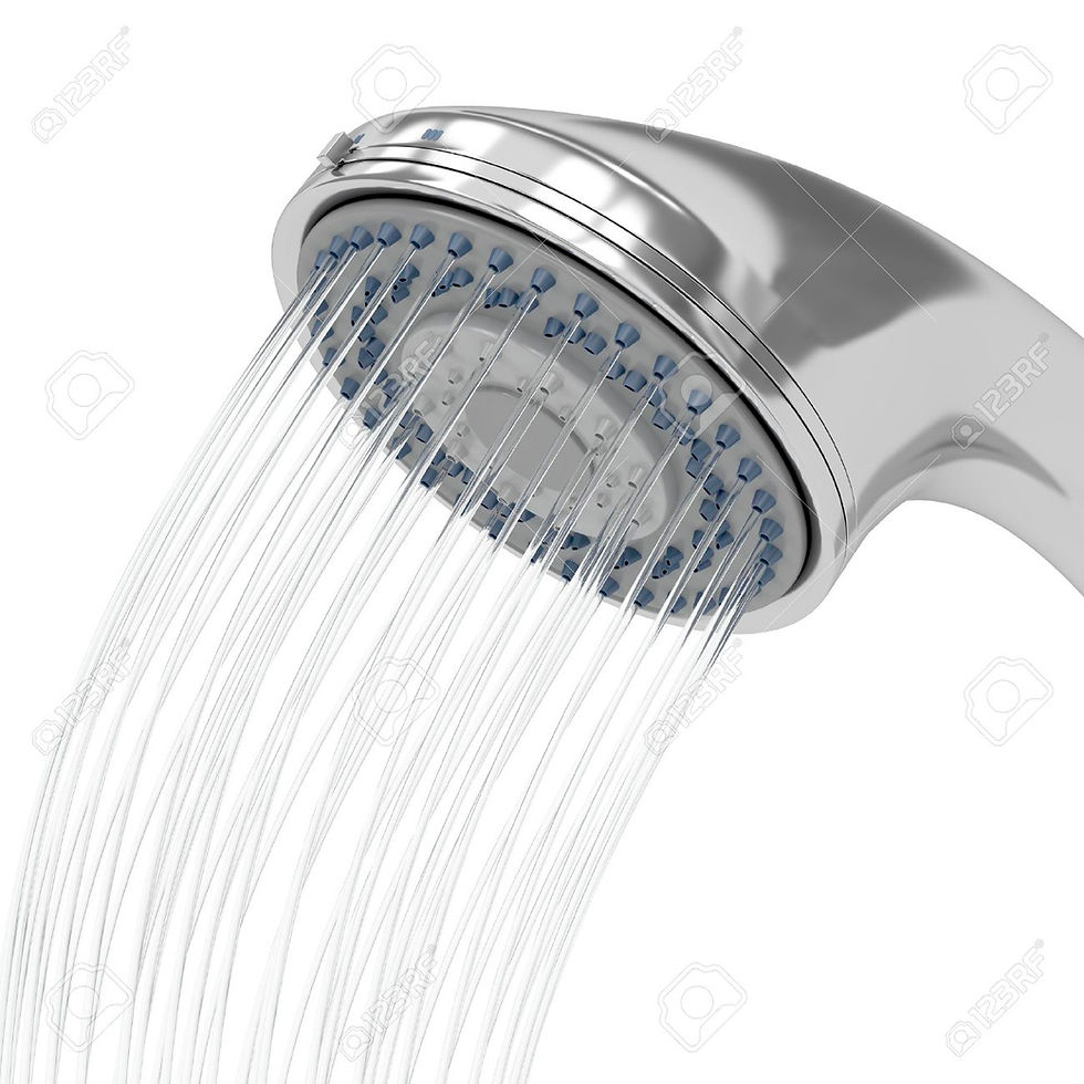 Chrome showerhead with water streaming, set against a plain white background. The showerhead has blue nozzles.