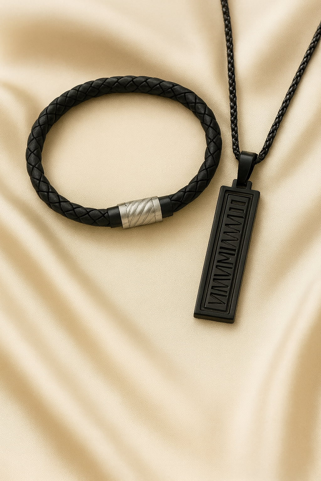 Urban Steel Duo — Roman Bar Pendant + Leather Bracelet (Men’s Set)
