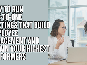 Two women in a bright office discuss a laptop beside bold text about one-to-one meetings and employee engagement.
