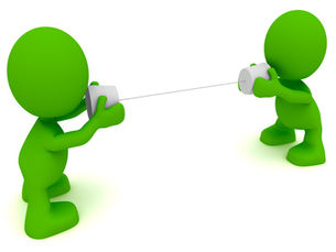 2 green figures using 2 cups and a piece of string to communicate