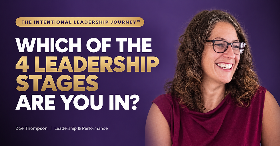 Purple promo graphic with smiling woman in glasses beside text: Which of the 4 leadership stages are you?