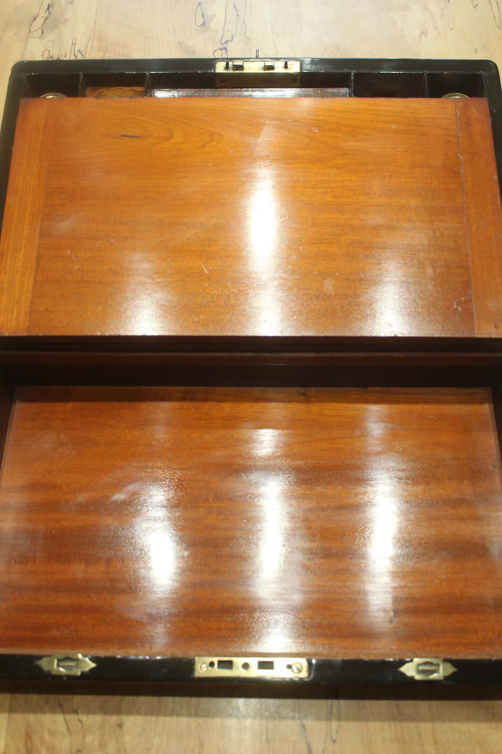 Thumbnail: Victorian walnut and brass bound writing slope with Bramah lock, key and secret