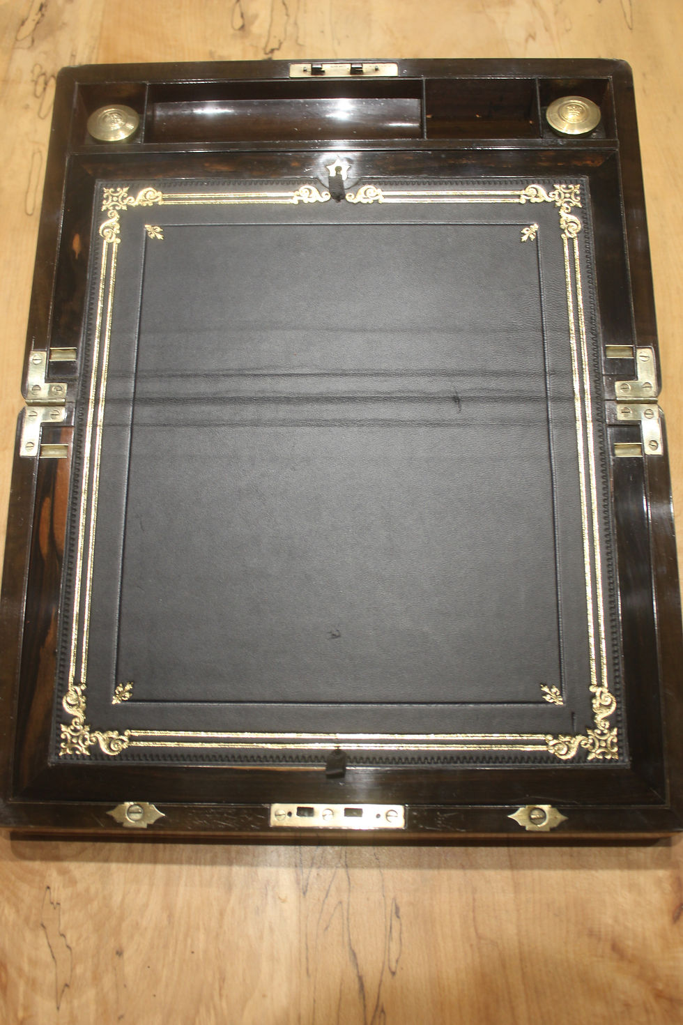 Thumbnail: Victorian figured walnut writing slope with Bramah lock and keys 4910