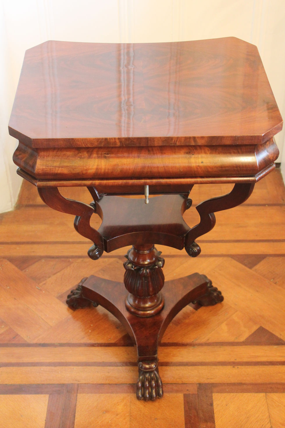 Thumbnail: A lovely early Victorian curl grain mahogany sewing/work table
