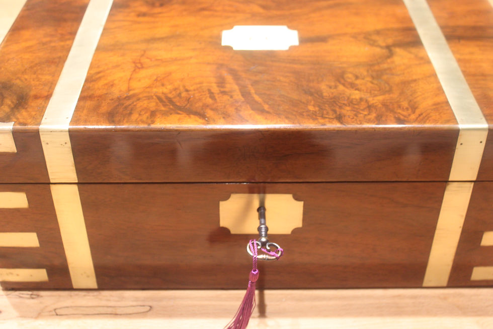 Thumbnail: A good Victorian figured walnut brass bound writing slope + secret drawers 4914