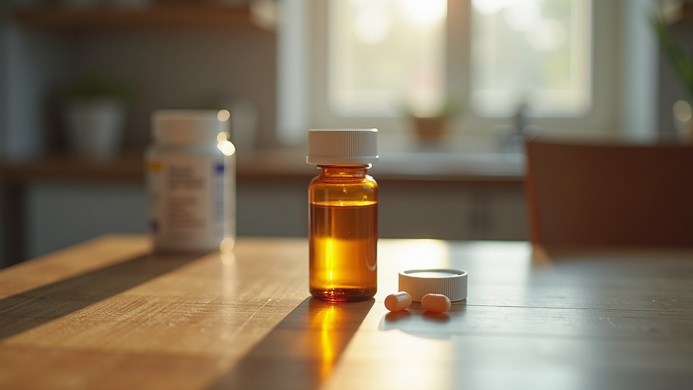 Eye-level view of a medication bottle on a wooden table