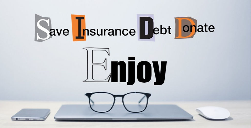 A pair of glasses resting on a closed laptop with the words "Save | Insurance | Debt | Donate | Enjoy" above the image.