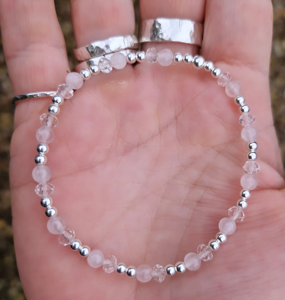 Thumbnail: Sterling Silver, Rose Quartz and crystal beaded Stacking Bracelet 